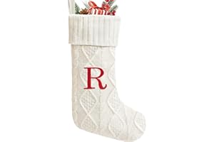 Yoochee 21 Inches Knitted Christmas Stockings with Initials, Large White Custom Monogram Embroidery Christmas Stockings with Letter, Personalized Xmas Decoration for Holiday Family Party-R