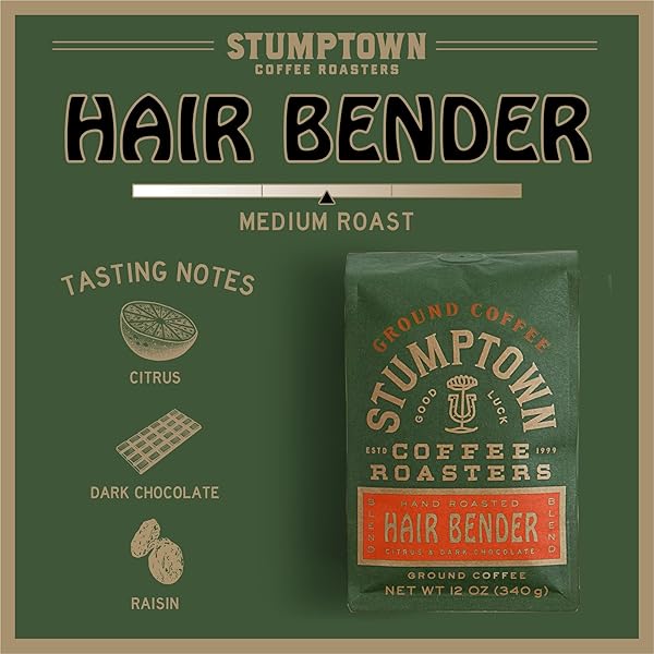 STUMPTOWN COFFEE ROASTERS, MEDIUM ROAST GROUND COFFEE – HAIR BENDER 12 OUNCE BAG, FLAVOR NOTES OF CITRUS AND DARK CHOCOLATE