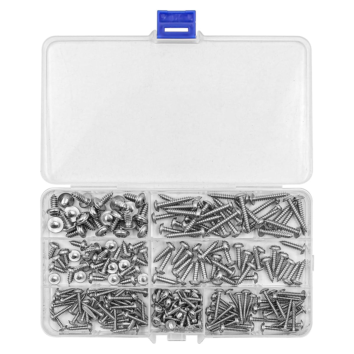 220 Pcs NUZAMAS M3 M4 M5 Self Tapping Screws 304 Stainless Steel Cross Pan Round Head with Washer Self-Tapping Screw Cross Recessed Round Head Screw with Storage Box