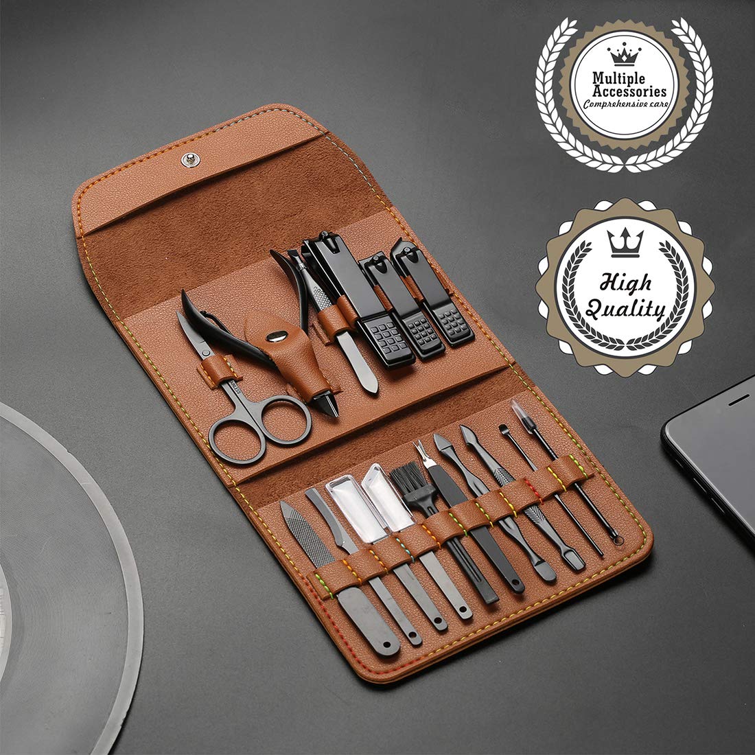 Gifts for Men/Women, Stainless Steel Manicure Set with PU leather case, Personal care tool (brown) : Beauty