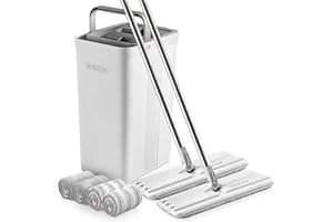 BOSHENG Mop and Bucket with Wringer Set, Flat Floor Mop and Bucket, with 2 Mops and 4 Microfiber Cleaning Cloths for Floor Cleaning, Wet and Dry Use for Household Cleaning