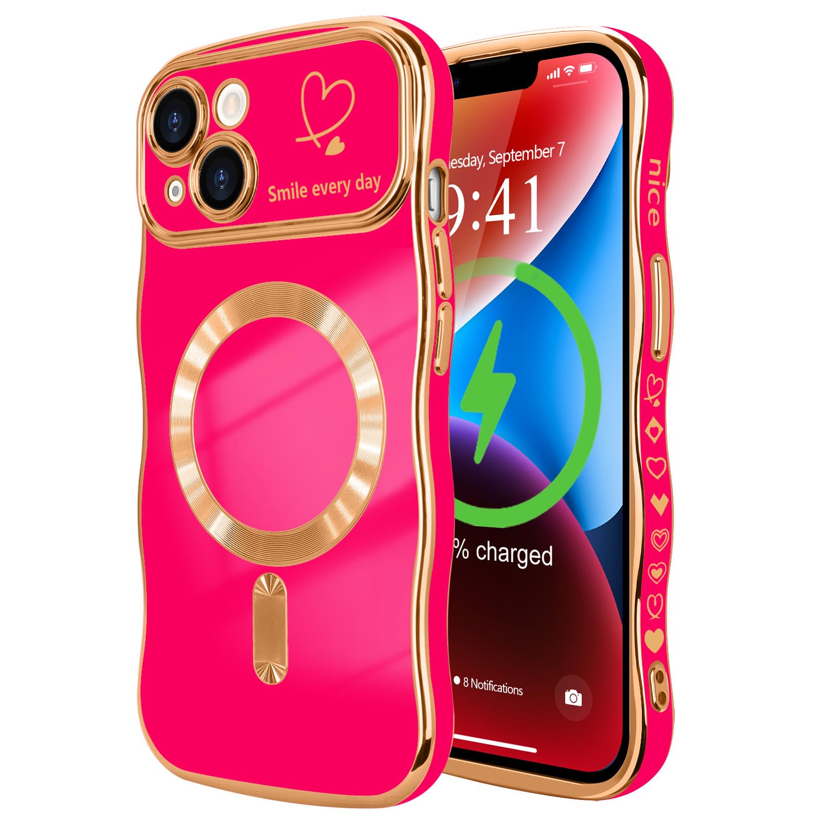 LCHULLE for iPhone 14 Case for Women Girls [Compatible with MagSafe] Cute Curly Wave Shape, Magnetic Love Heart Pattern with Camera Lens Cover Luxury Plating Shockproof Phone Case,Hot Pink