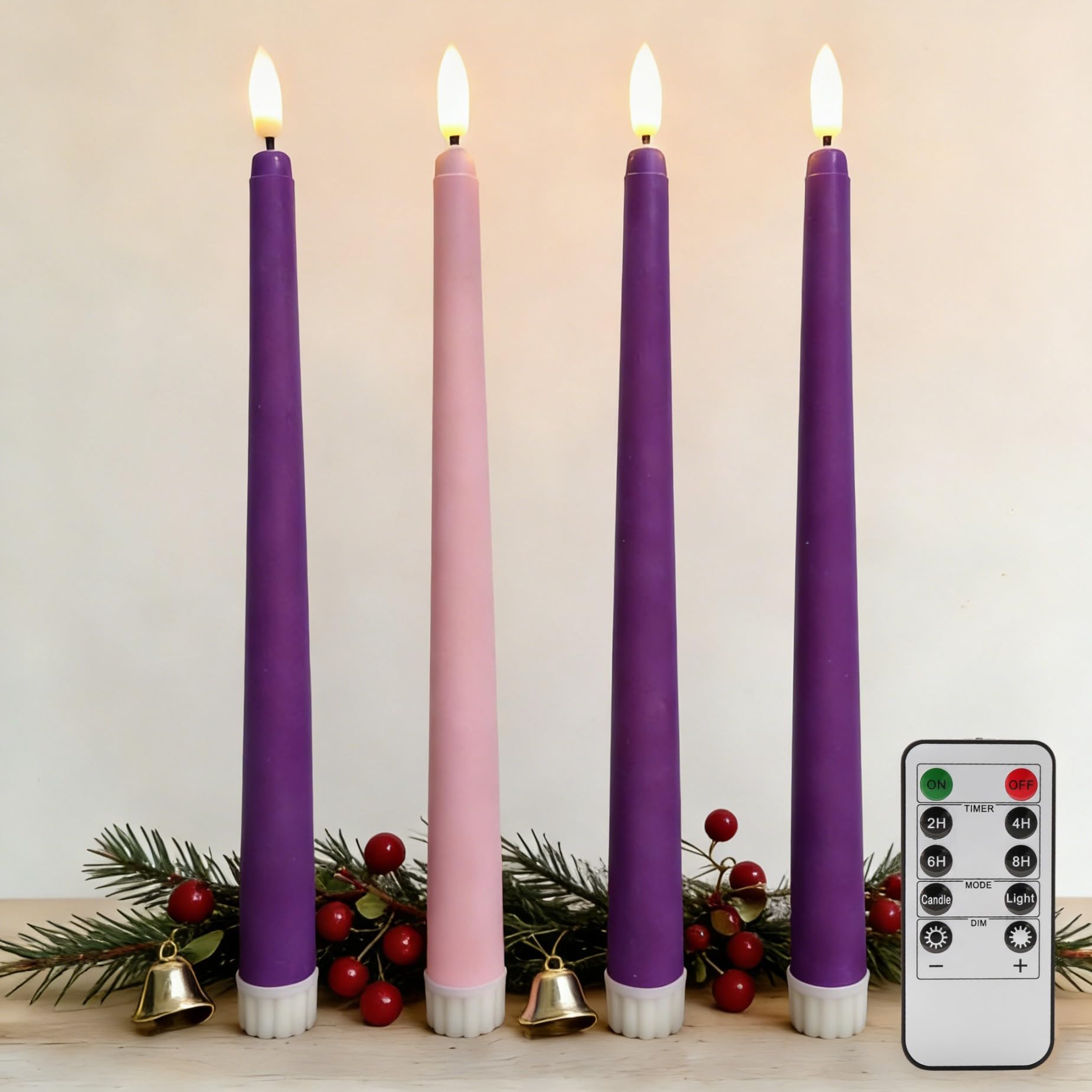 Photo 1 of Ni-JASW Advent Flameless Taper Candles with Remote, Flickering Pink Purple Christmas LED Candlesticks Battery Operated Set of 4