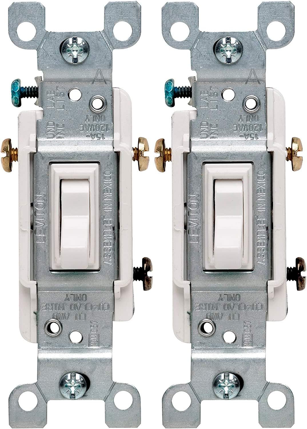 Leviton 1453-2WM 15 Amp, 120 Volt, Toggle Framed 3-Way AC Quiet Switch, Residential Grade, Grounding, Quickwire Push-In & Side Wired, 6-Pack, White: Home Improvement