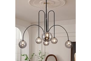 CATINER Black Chandelier Modern 6 Lights Sputnik Chandelier Large L40” Mid Century Ceiling Pendant Light Fixtures with Smoke Glass Globe Shades for Living Dining Room Foyer Bedroom