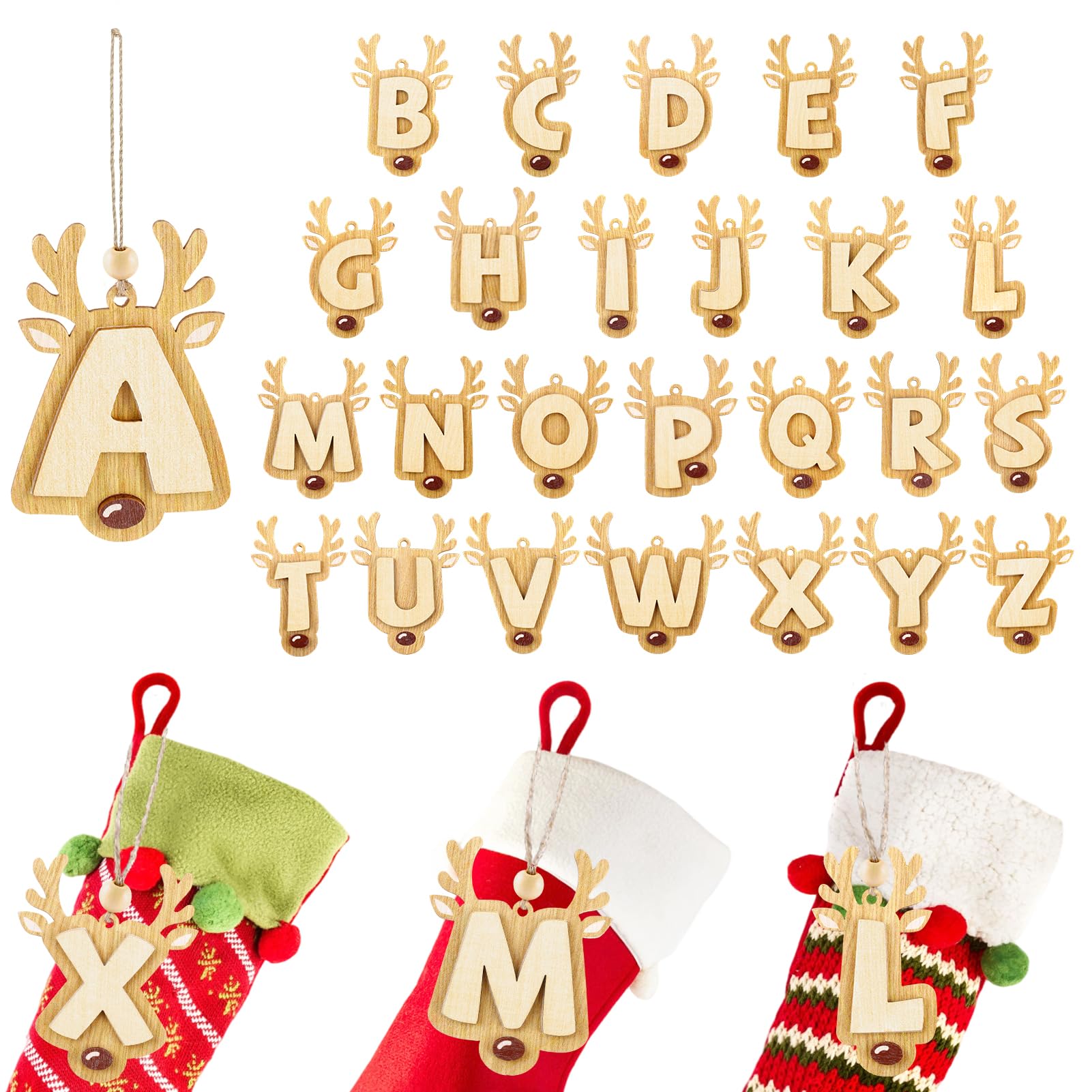 Photo 1 of 26 Pcs Christmas Initial Stocking Letter Tags Cute Reindeer Letter Ornaments Wooden Deer A-Z Alphabet Name Tags for Christmas Rustic Decor(Yellow Letter)