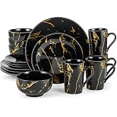 Loymokinar Black and Gold Marble Dinnerware Set for 4, 16-Piece Porcelain | Black and gold marble dish set for 4: 4 dinner plates, 4 salad plates, 4 bowls and 4 mugs; microwave and dishwasher safe.