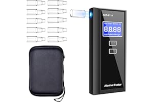 Amzeth Professional Breathalyzer Alcohol Tester: High-Accuracy Digital LCD Display, BAC Alarm, 10 Mouthpieces, 50 Record Memory, Portable for Home & Party (Black with Bag)