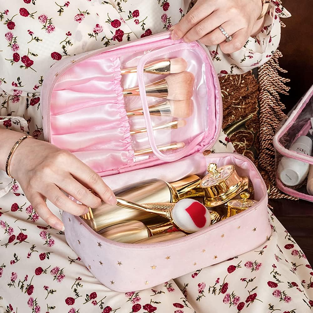 CCjinoo 3Pcs Travel Makeup Bags, Cute Pretty Travel Cosmetic Bag Makeup Organizer with Gold Star Zipper, Makeup Brush Travel Case Toiletry Bag for Women and Girls(Pink)