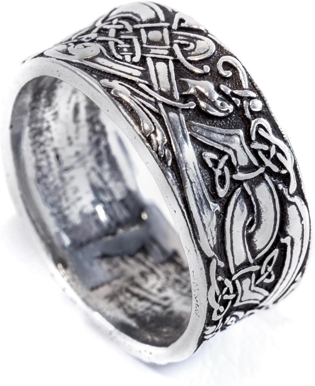 WINDALF Feron Wide Silver Ring 11 mm Viking Jewellery with Fenris Wolf Knot Antique 925 Sterling Silver
