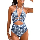 CUPSHE Women's One Piece Swimsuit Plunging Neck Bathing Suit Halter Strappy Cutout Swimwear Textured