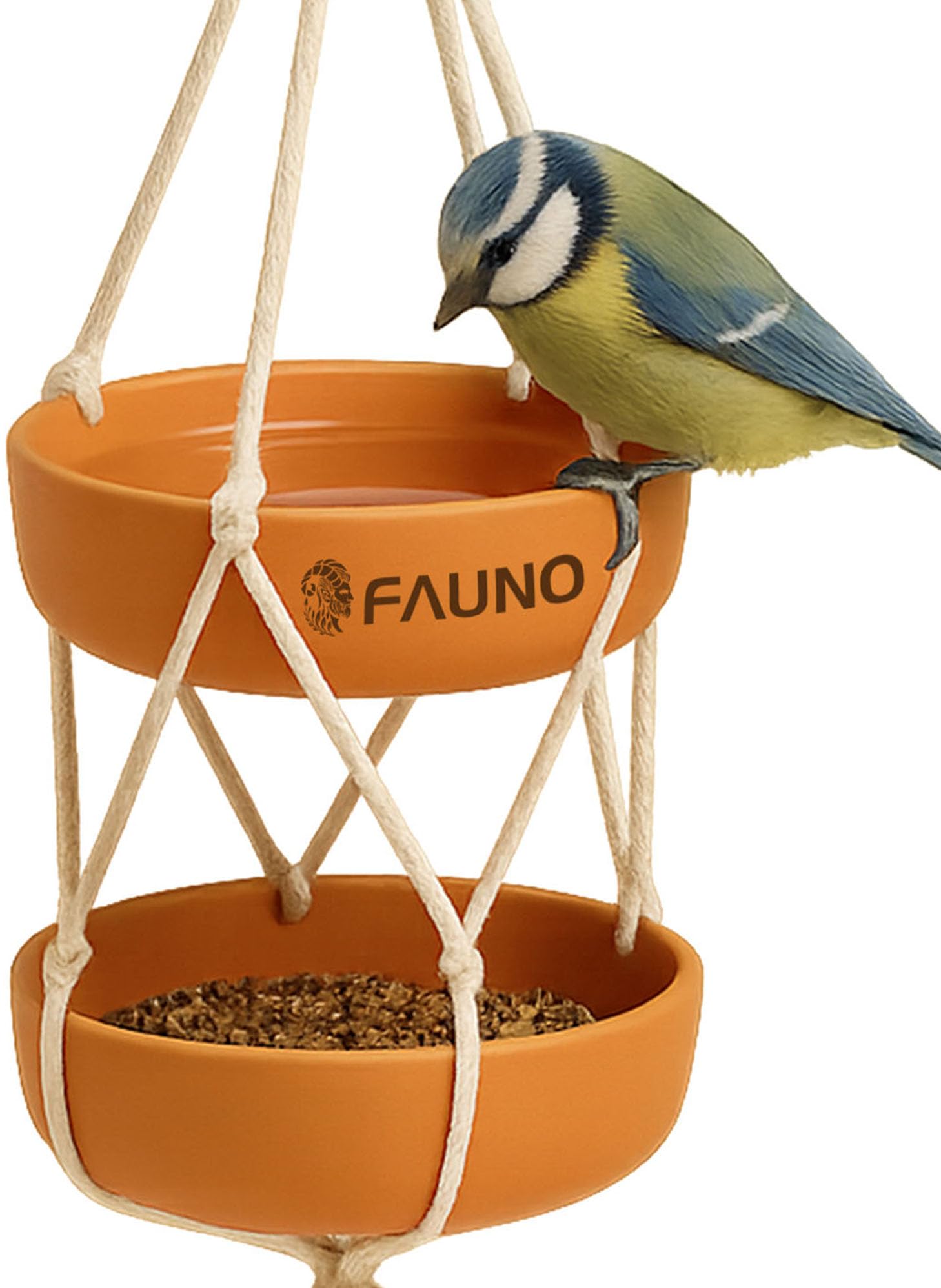 Vogelfutterstation für den Außenbereich mit doppeltem Tablett aus Bambusfaser und Baumwollseil Vogeltränke für Garten Balkon und Terrasse Futterstation für Wildvögel robust