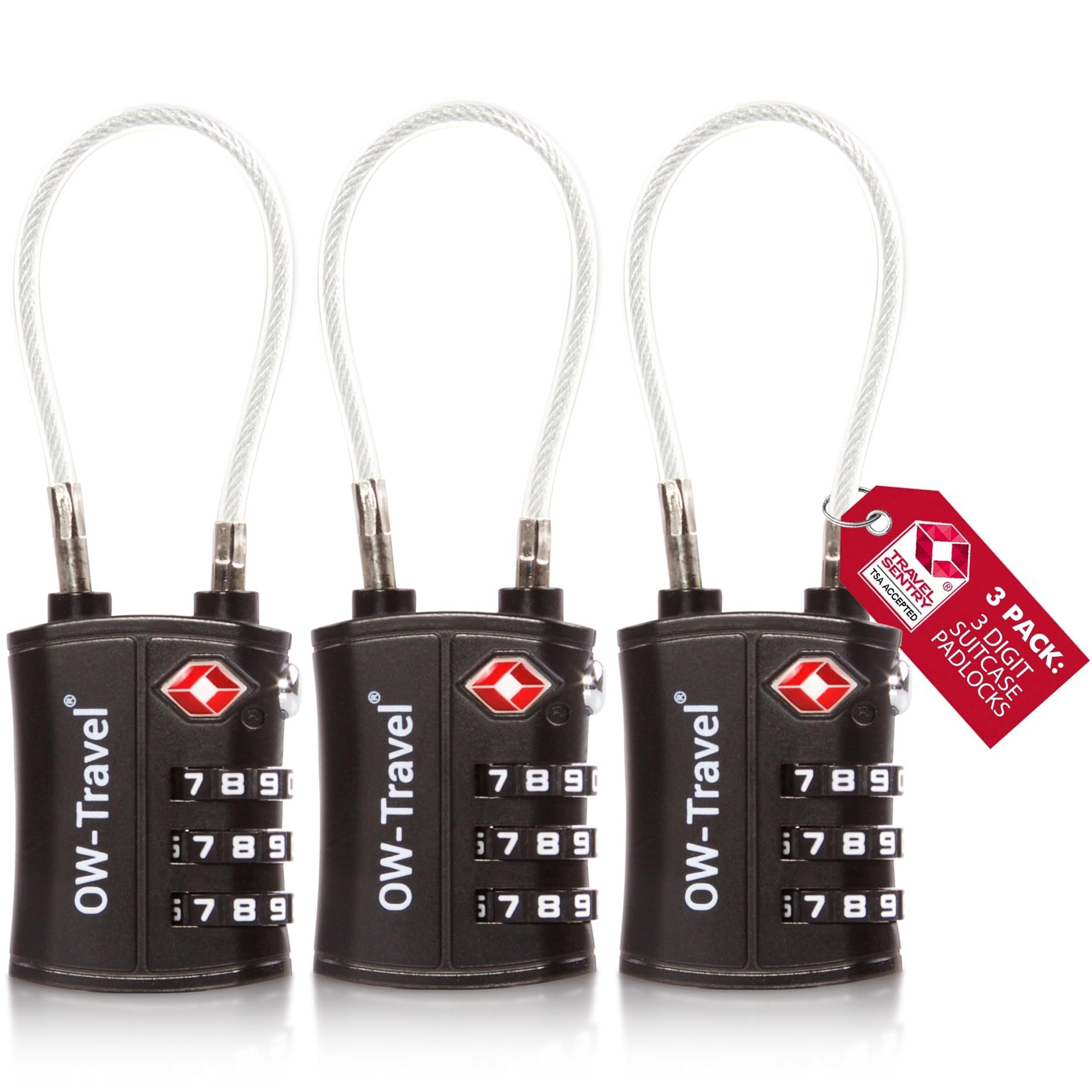 OW-Travel TSA Approved Luggage Locks Suitcase Locks (3 Pack Black) 3 Digit Flexible Cable Suitcase Padlock. Travel Bag Combination Luggage Padlocks for Suitcases. TSA Travel Lock for Bags and Cases