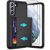 Pilaru for Samsung Galaxy S21 Case with Card Holder and (2 Pcs) HD Screen Protector, Slim Heavy Duty Dual Layer Shockproof Design & Hidden Card Slot Wallet Case for Galaxy S21-Black