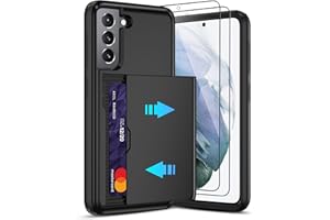 PILARU for Samsung Galaxy S21 Case with Card Holder and (2 Pcs) HD Screen Protector, Slim Heavy Duty Dual Layer Shockproof Design & Hidden Card Slot Wallet Case for Galaxy S21-Black
