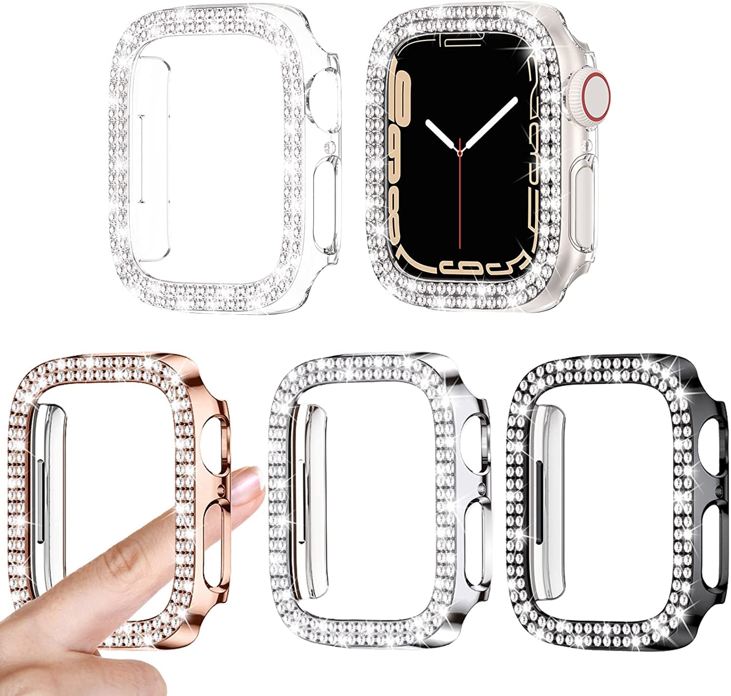 Kamita Diamond Case for Apple Watch Series 7 SE 6 5 4 Shockproof Protective Case [No Screen Protector] Thin Glitter Case Cover for iWatch 45 44 41 40 mm (Clear + Silver + Black + Rose Gold) Pack of 4