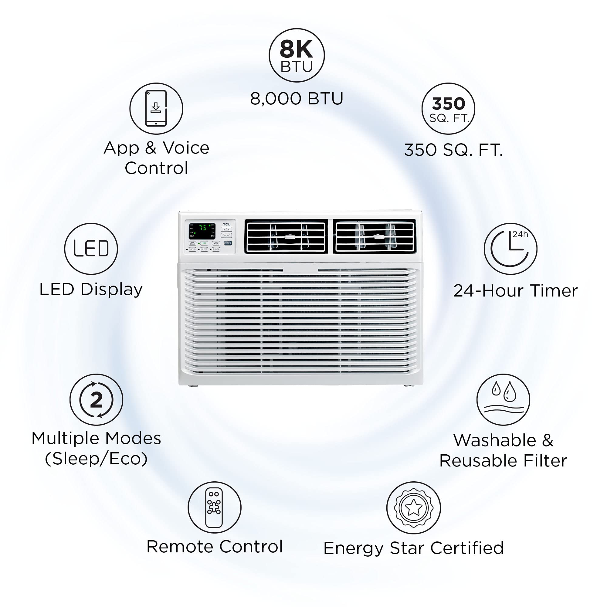 TCL 8W9ER1-A Smart App & Voice Control Window Air Conditioner, 8,000 BTU, White