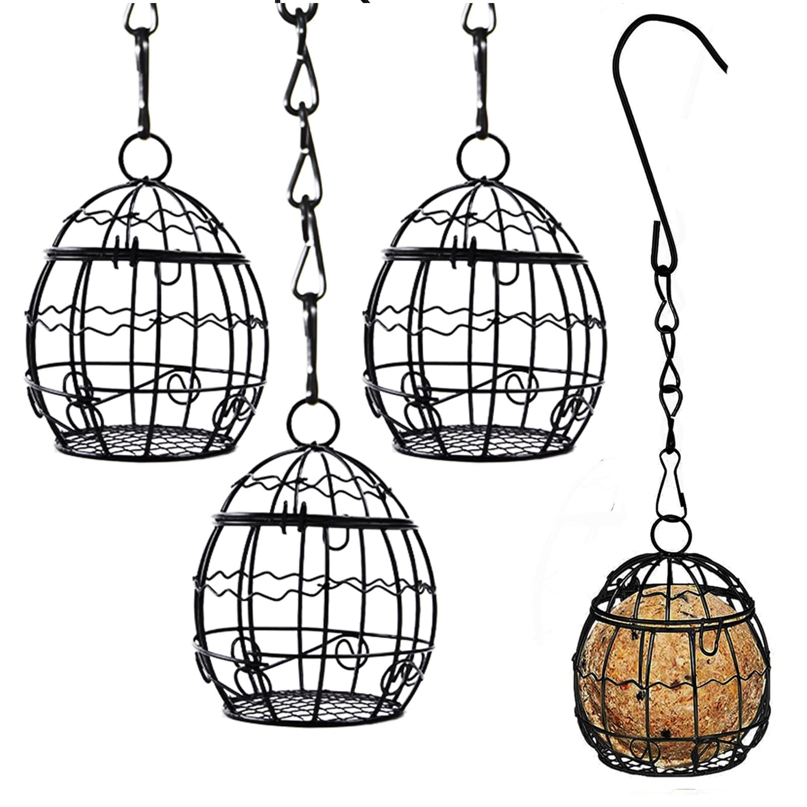 4pcs Fat Ball Bird Feeder,Black Metal Fat Ball Bird Holder, Hanging Bird Feeder Metal Fat Ball Bird Holder with 4 S-shaped hooks for Outdoor Garden Wildlife Birds Finch Sparrow Robin