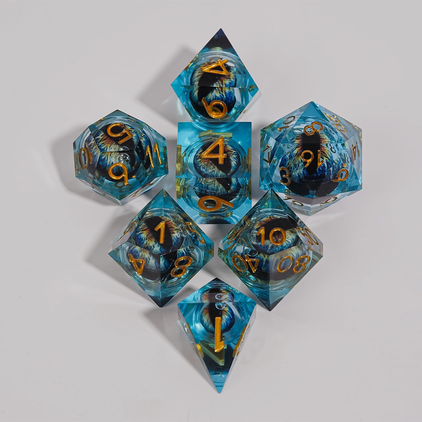 HKDZ Liquid Dragon Eye Dice Set 7 Piece with Bag and Box,Resin Polyhedral Dice for Dungeons and Dragons Tabletop RPG,Cool Dragon Design D20 D12 D10 D8 D6 D4（Blue Gold） — image 1