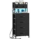REAHOME 41 Inch Tall Nightstand with Charging Station, LED Night Stand with 6 Fabric Drawers, Bed Side Table with 3-Tier Wood Storage Shelves for Bedroom, Office, Small Spaces, Dark Gray