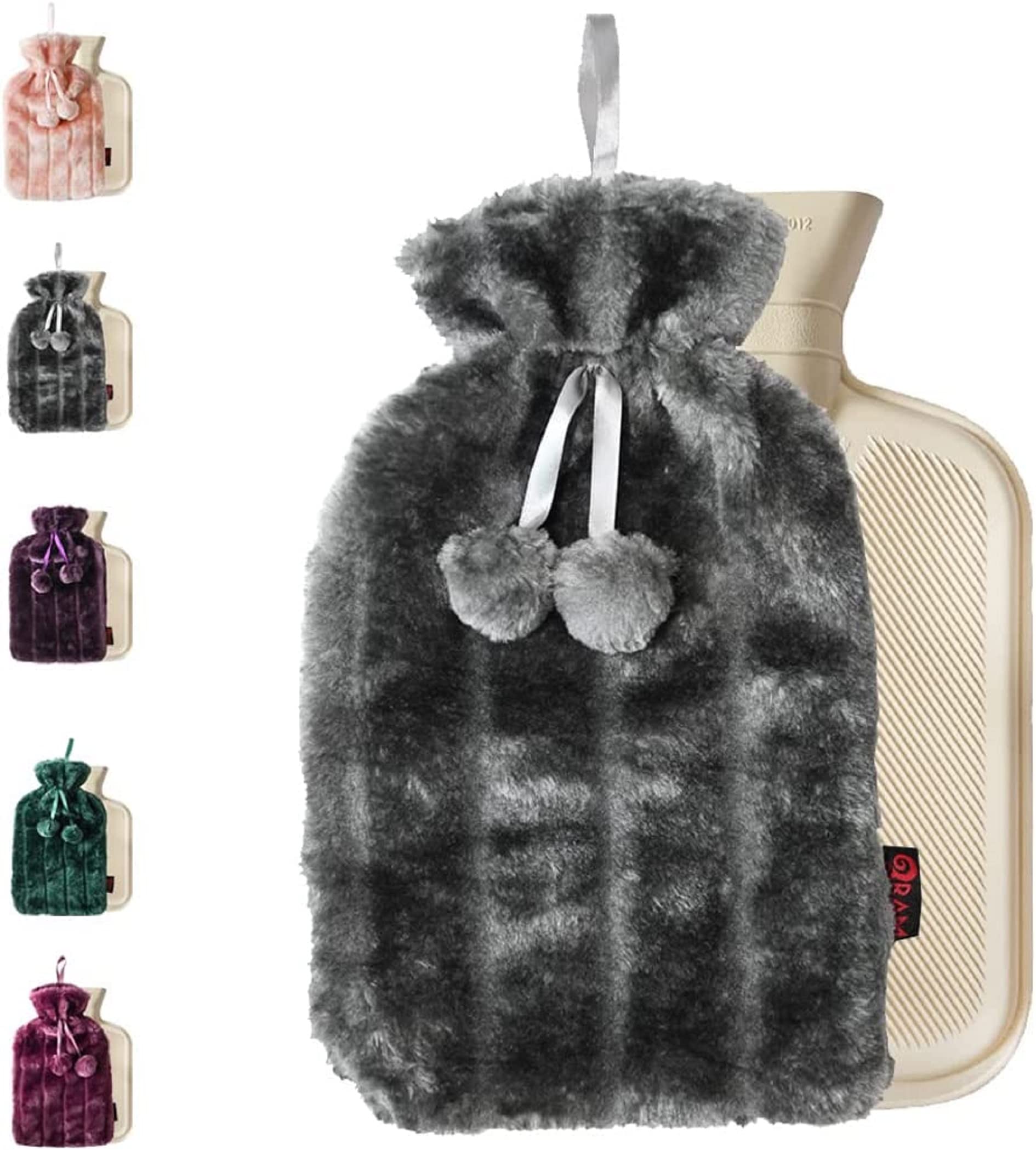 Ram® Cosy 2L Litre Large HOT Water Bottle with Faux Fur Cover and POM POMS Charcoal Grey