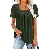 BETTE BOUTIK Womens Summer Tops Short Sleeve Pleated Square Neck Tunics Shirts Blouses S-3XL