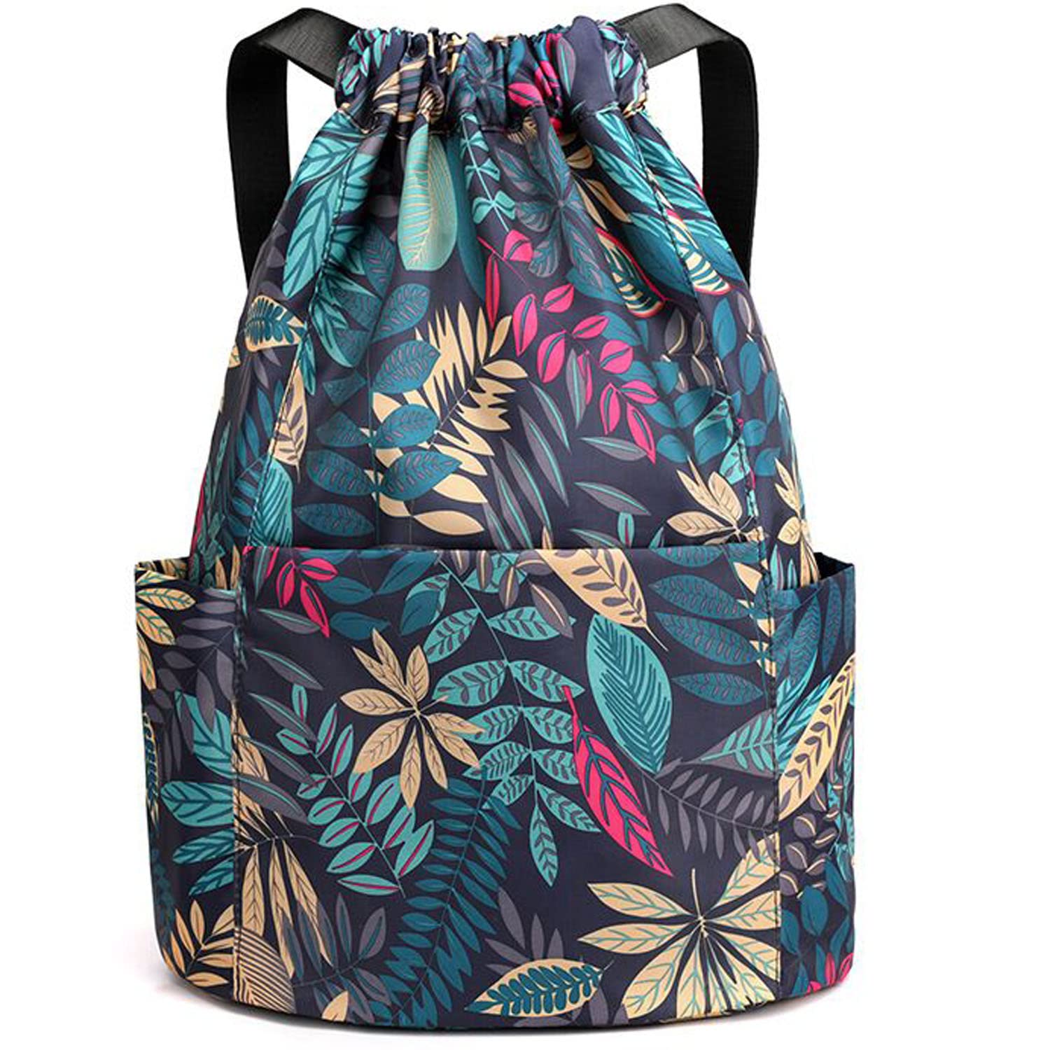 Veyarien Drawstring Gym Bags, Waterproof Swimming Bag Draw String Swim PE Bags for Kids, Large Travel Beach School Bag Sports Backpacks for Shopping Yoga for Girls Adults Men Women (Leaf)