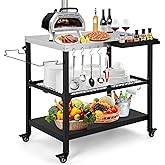 Tyfnry Outdoor Grill Cart, 3-Tier Rolling Prep Dining Cart Pizza Oven Stand Table with Lockable Casters, Hooks & Adjustable M