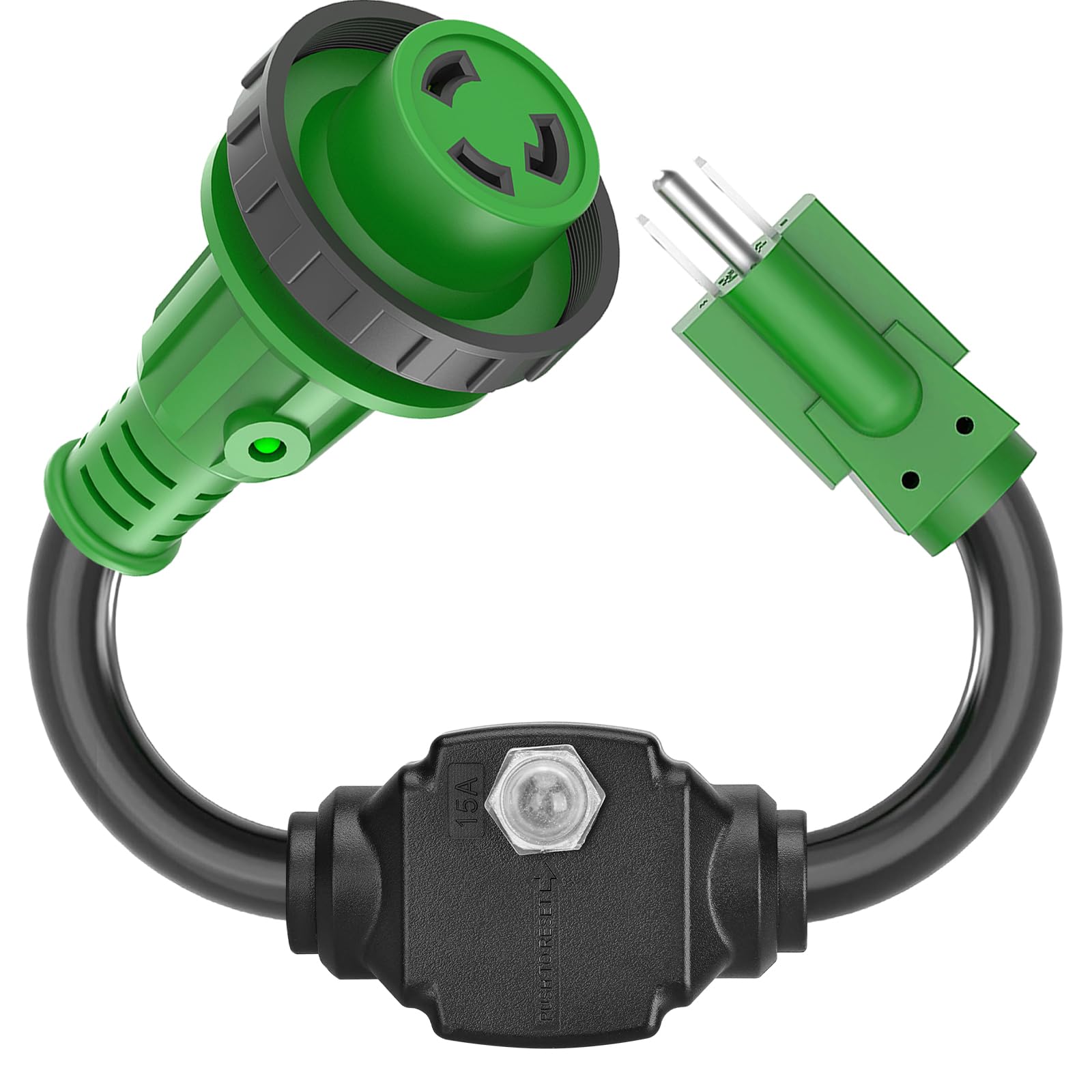 Photo 1 of RVGUARD Overload Protector 30 Amp to 110 Volt RV Adapter Cord with Circuit Breaker, NEMA 5-15P to NEMA L5-30R Electrical Power Adapter with LED Power Indicator, 18 Inch, Green, ETL Listed