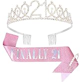 CAVETEE Birthday Headband for women, 21st Birthday Decorations Finally 21 Sash and Crown for 21st Party (Silver&Pink, Onesize)