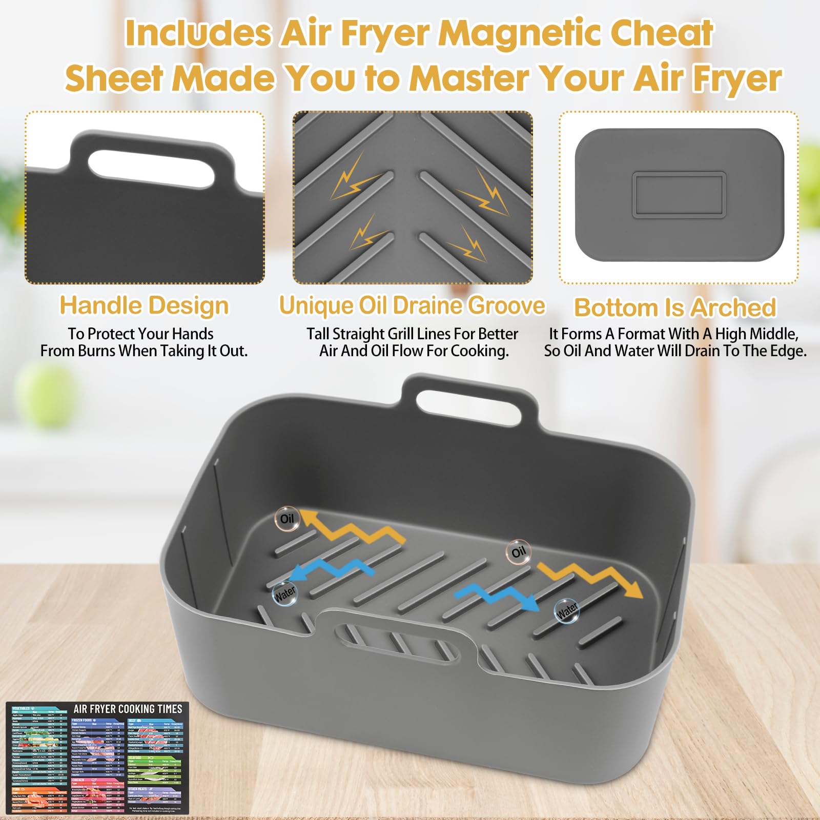 Silicone Air Fryer Liners 10QT, Reusable Airfryer Basket Liners Rectangular for Ninja DZ550/DZ401, 2Pcs 5QT Large Air Fryer Accessories,Replacement Basket Insert with Magnetic Cheat Sheet (2 Pcs Grey)