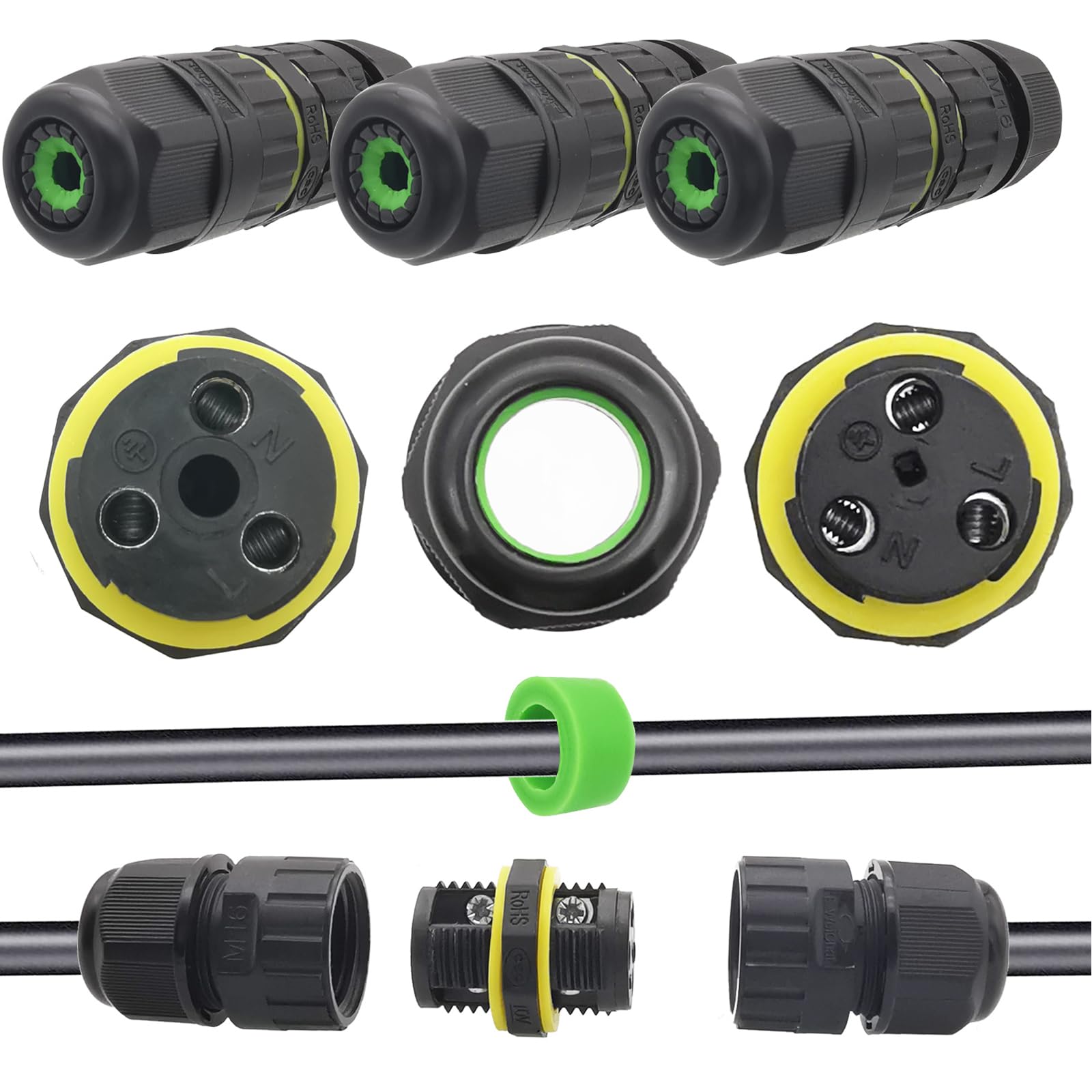 CTRICALVER 3 Pcs IP68 Waterproof Junction Box | M16 Outdoor Cable Connector Weatherproof Electrical Connector External Sleeve Coupler, A.W.G: 20-15, for 2 PIN/3 PIN Docking Cables