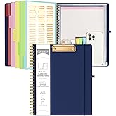 Ospelelf Bule Foldable Spiral Clipboard Folio with Storage Zipper Pouch, 5 Plastic Folders with 10 Pockets, Refillable Lined Notepad (11" x 8.5"), Linen Hardcover Project Organizer