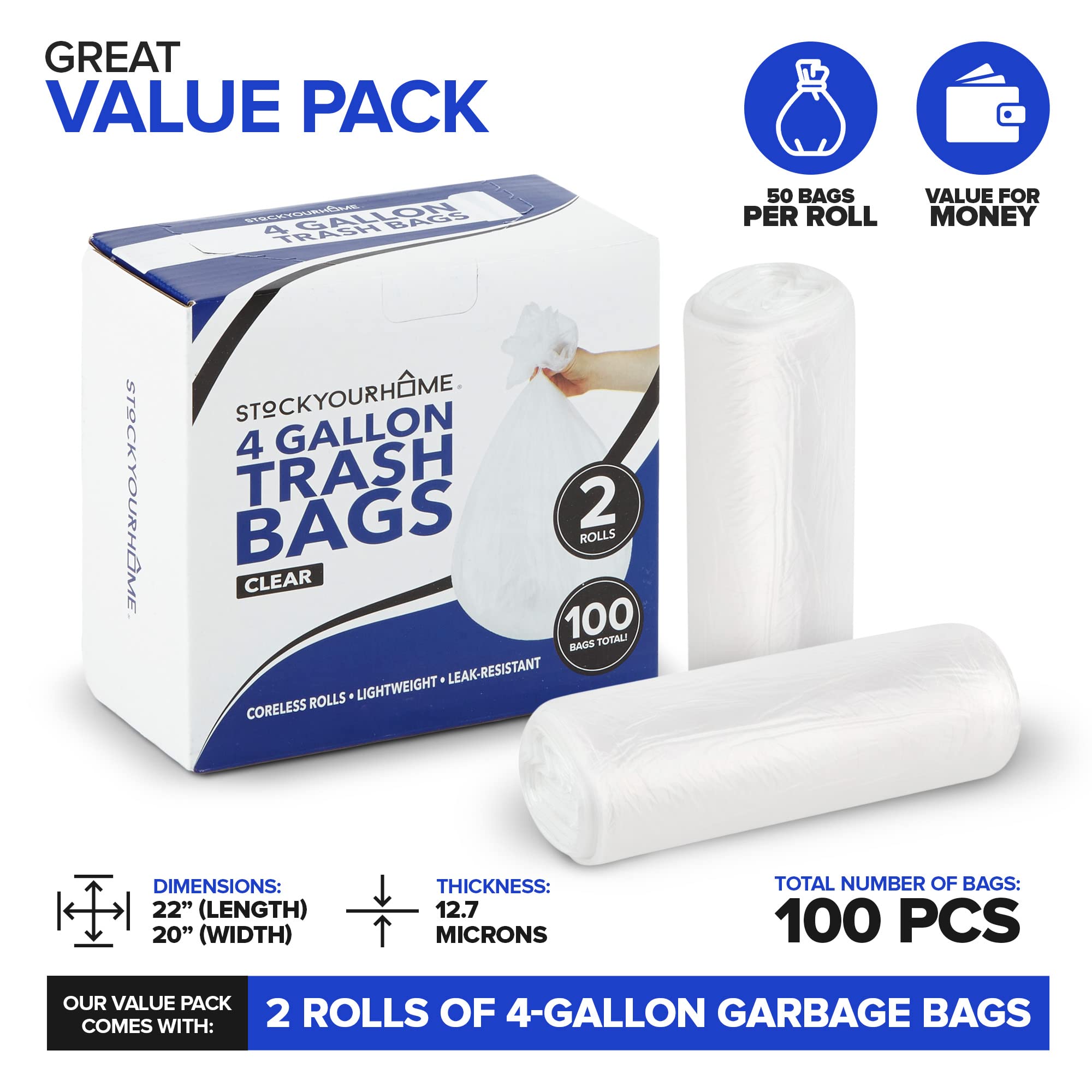Stock Your Home 4 Gallon Unscented Small Garbage Bags, 100 Count, Leakproof, Versatile Usage, Grab-n-Go