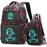 Pawsky Skateboard Anime Luminous Backpack School Backpack with USB Charging Port for Teen Boys, College School Bookbag Lightweight Laptop Bag with Sling Bag Set, Red
