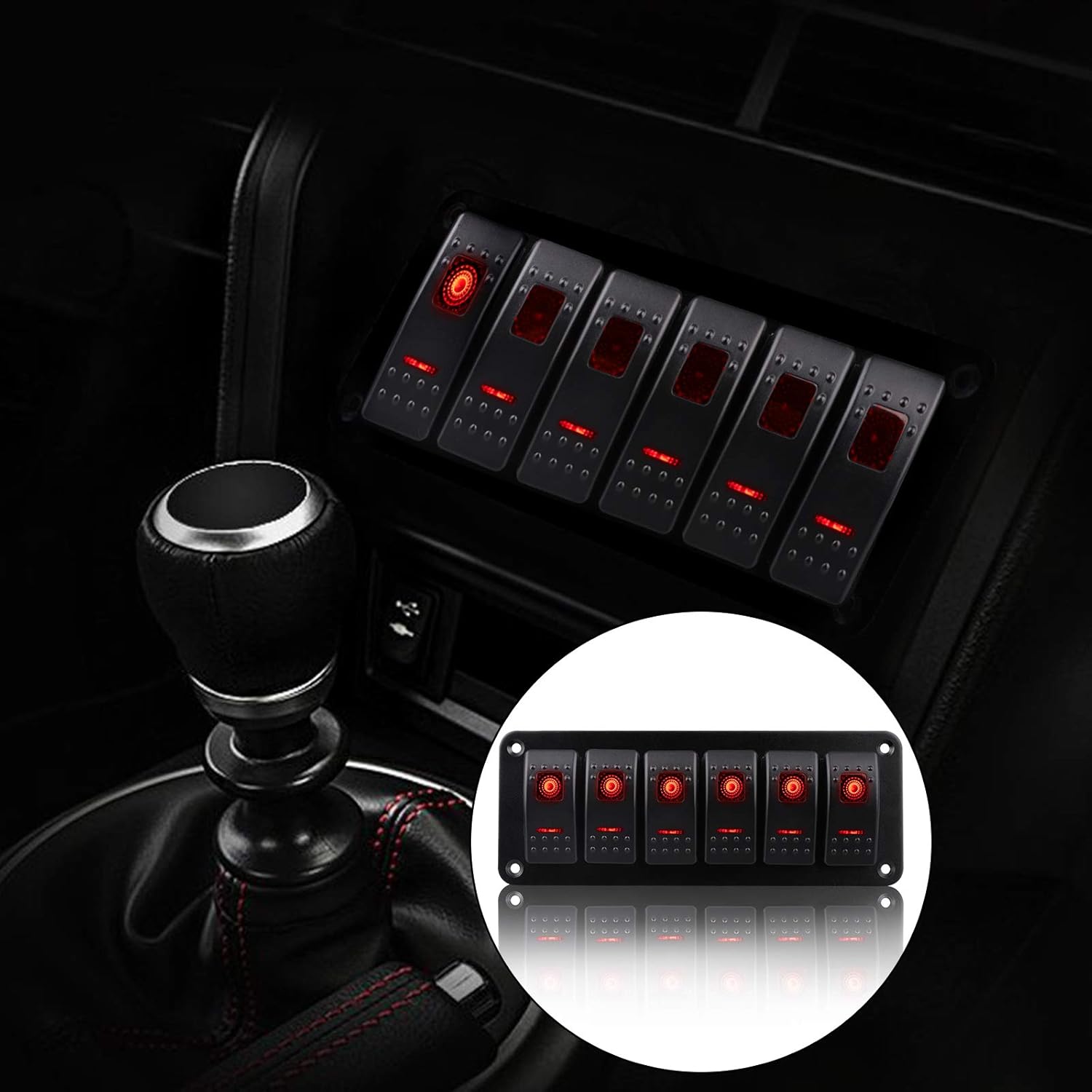 Pre-Wired Rocker Switch Aluminum Panel 6 Gang Toggle Switches Dash 5 Pin ON/Off 2 LED Backlit for Boat Car Marine