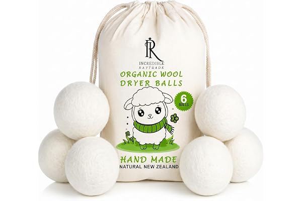RAYTRADE XL Wool Dryer Balls 6-Pack 100% Made of Organic New Zealand Wool Reduces Clothing Wrinkles and Saves Drying Time Reu