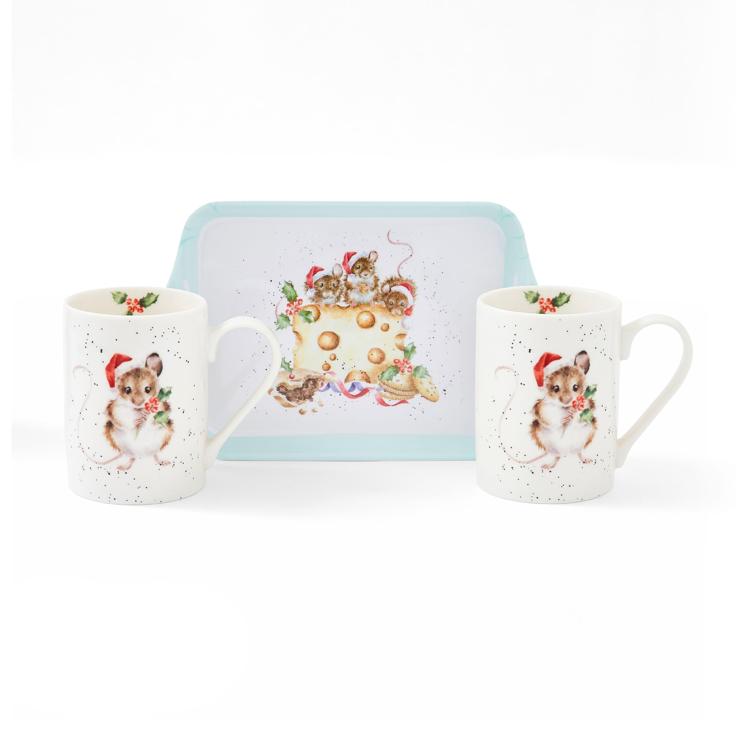 Royal Worcester x Wrendale Designs Holly Jolly Mugs and Tray Set - Porcelain & Melamine, Perfect for Tea or Coffee, Featuring Christmas Mice Illustrations by Artist Hannah Dale