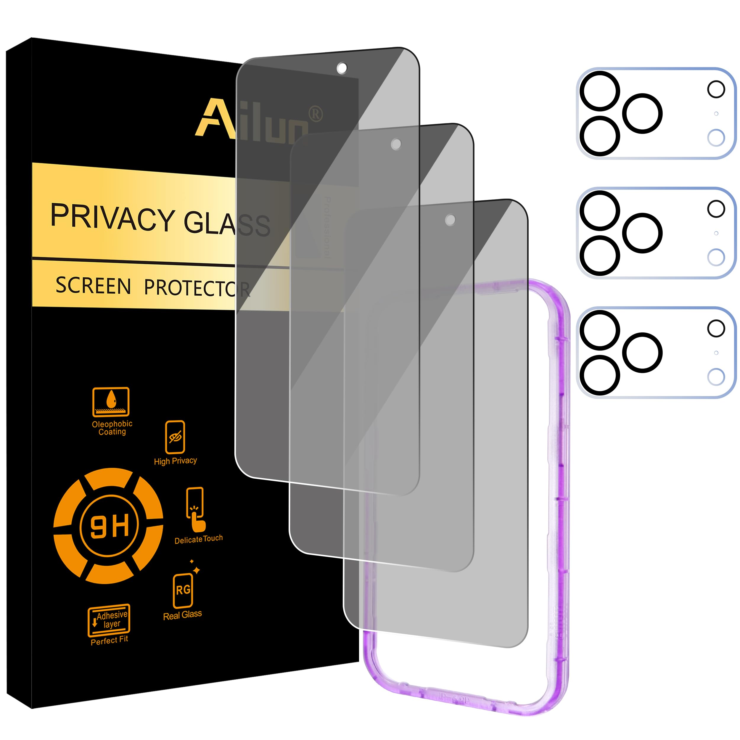 Photo 1 of Ailun 3 Pack for iPhone 17 Pro Max Privacy Screen Protector [6.9 inch]+ 3 Pack Camera Lens Protector with Installation Frame,Dynamic Island Compatible,Anti Spy Tempered Glass[9H Hardness]-HD