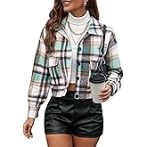 UANEO Womens Cropped Plaid Shacket Button Down Short Flannel Shirt Jacket with Pockets