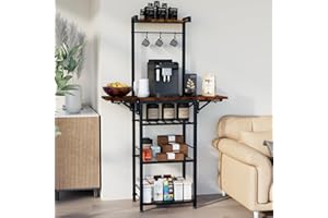 FAESUN Small Coffee Bar Station, 5-Tier Bakers Rack with 2 Foldable Shelves & Storage, Corner Coffee Stand Station for Small Space, for Kitchen, Entryway, Living Room, with 3 S-Shaped Hooks, Rustic Brown​
