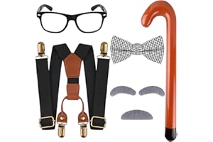 MATINIY 5 PCS 100 Days of School Old Man Costume Include Glasses Suspenders Bow Tie Cane Mustache for Grandpa Dress Up