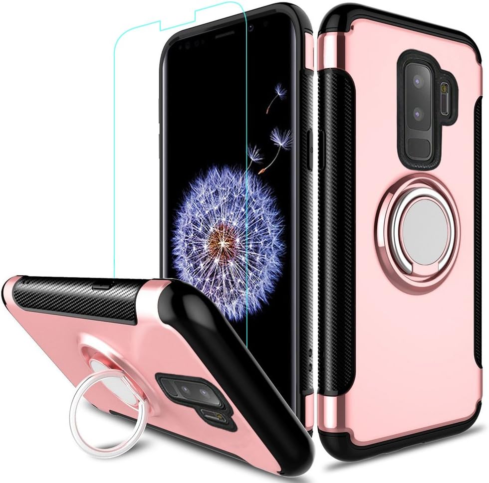 ZHFLY [ Heavy Duty ] Armor Hybrid Case with 360 Rotation Ring Holder Magnetic Kickstand with Tempered Glass for Samsung Galaxy S9 Plus,Rose