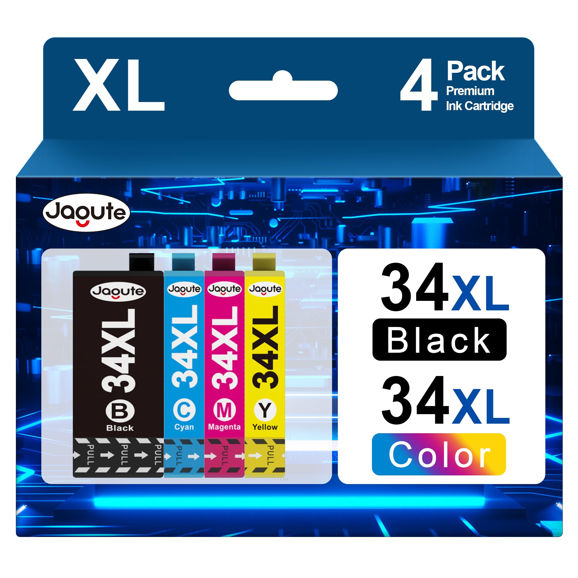 Jagute 4-Pack 34XL Ink Cartridges Replacement for Epson 34XL 34 XL Ink Cartridges Compatible with Epson WorkForce Pro WF-3720DWF WF-3725DWF WF 3720 WF 3725 WF-3720 WF-3725 WF3720 WF3725 WF3720DWF