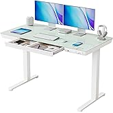 FEZIBO Glass Standing Desk with Drawer, 48 x 24 Inch Height Adjustable Electric Desk with One-Piece Tabletop and USB Ports, W