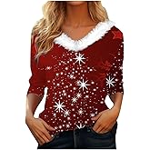 Christmas Tops for Women 3/4 Sleeve Faux Fur Trim V Neck Dressy Blouses Cute Snowflake Print Tops Crew Neck Blouse 2025