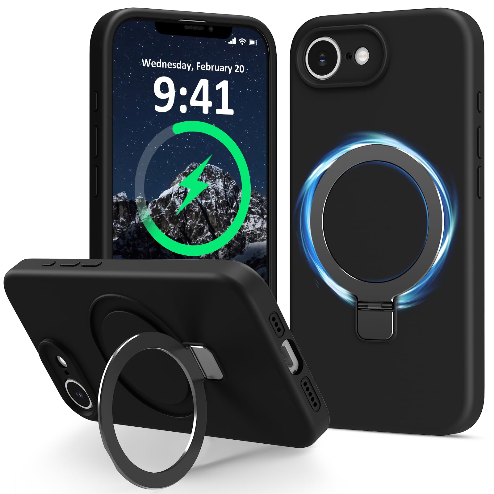 Vanxiliiy for iPhone 17e / iPhone 16e Case Stand, Slim Liquid Silicone Phone Cases Compatible with MagSafe Magnetic Ring Kickstand Case Full Camera Protection for iPhone 17e / iPhone 16e 6.1", Black