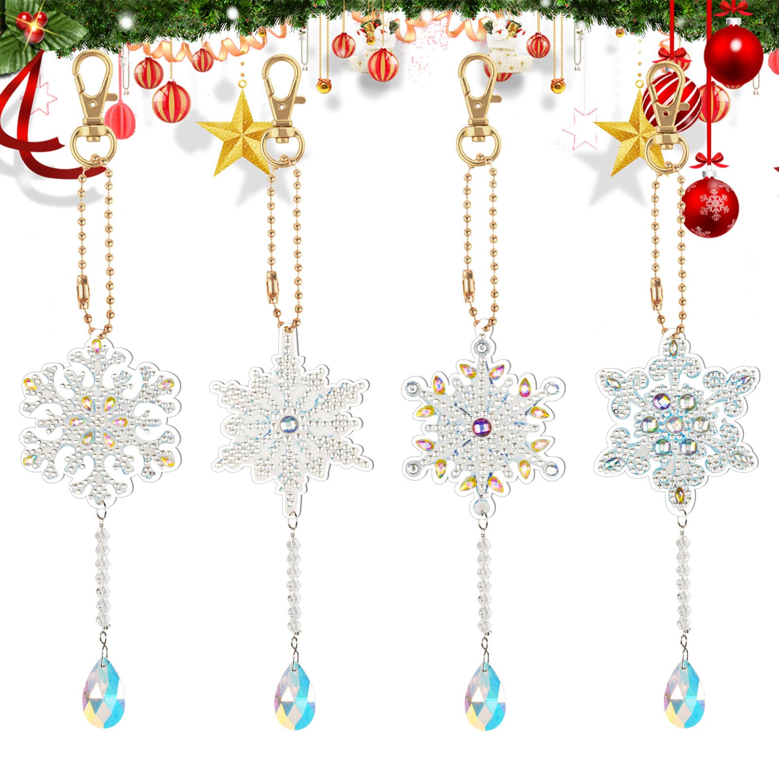 AUAUY 4 Pieces Snowflake Diamond Painting Keychains, 5D DIY Diamond Art Painting Keychain Christmas Double Sided Hanging Diamond Art Kits Diamond Christmas Ornaments for Crafts Decor Key Ring DIY