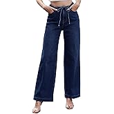 Muundim Drawstring Jeans Women, High Waisted Straight Leg Baggy Jeans Stretchy Trendy Denim Pants