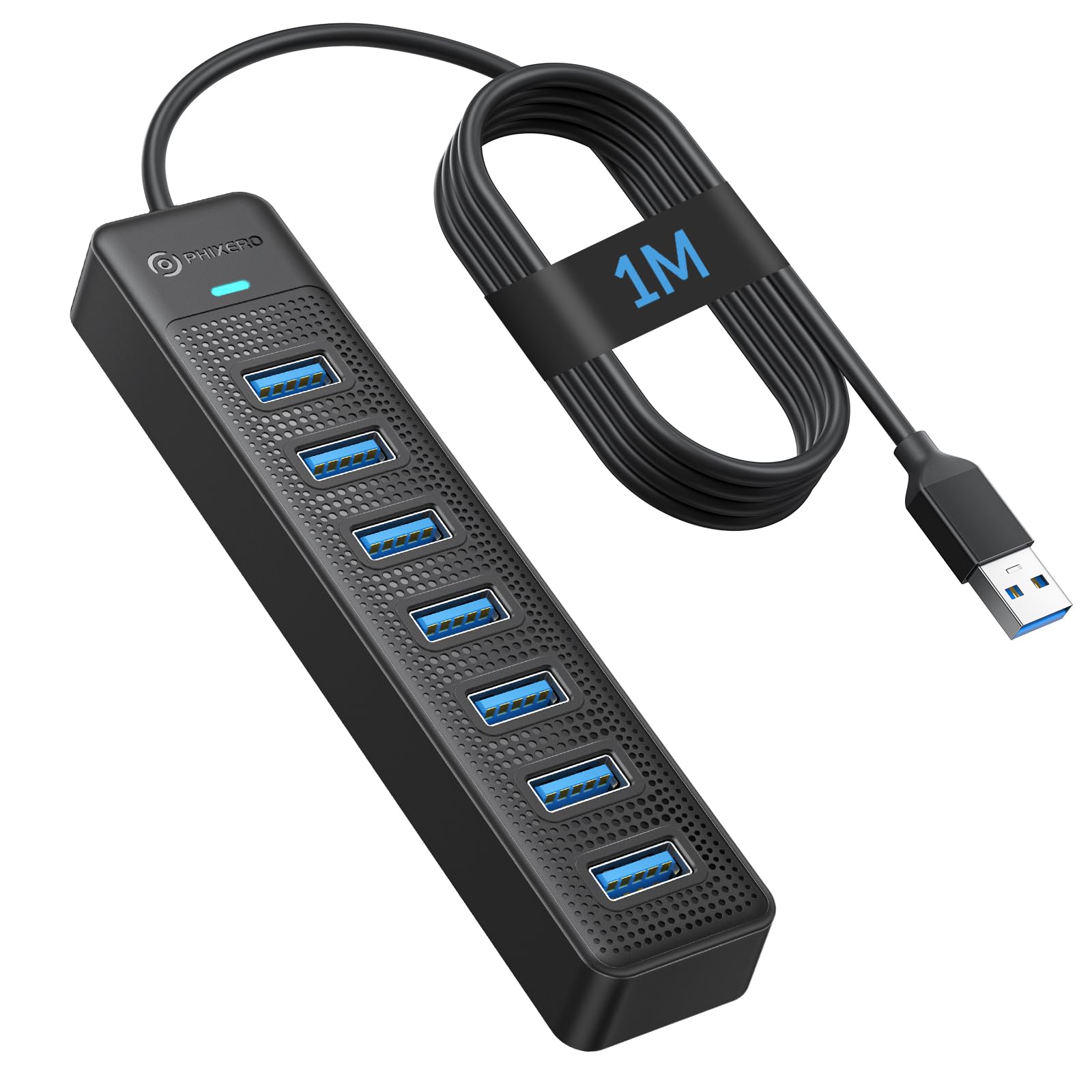 PHIXERO 7 Port USB 3.0 Hub With 3.3FT/1M Long Cable, Multiport Adapter for Laptop Compatible With All USB 3.0/2.0/1.1 Port Devices